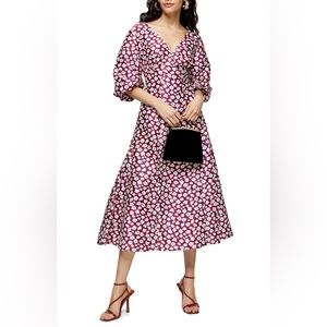 Red Blue White  Topshop Daisy Puff Sleeve Midi Dress